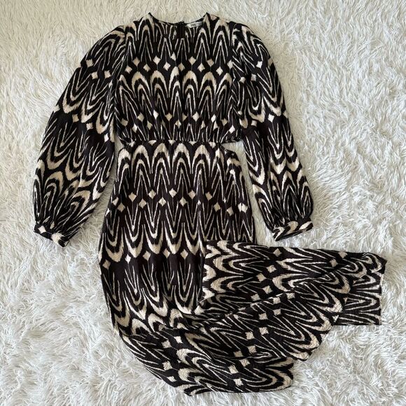 Zara Brown and Cream Boho Ikat Print Long Sleeve Maxi Dress Size XS - Picture 7 of 9